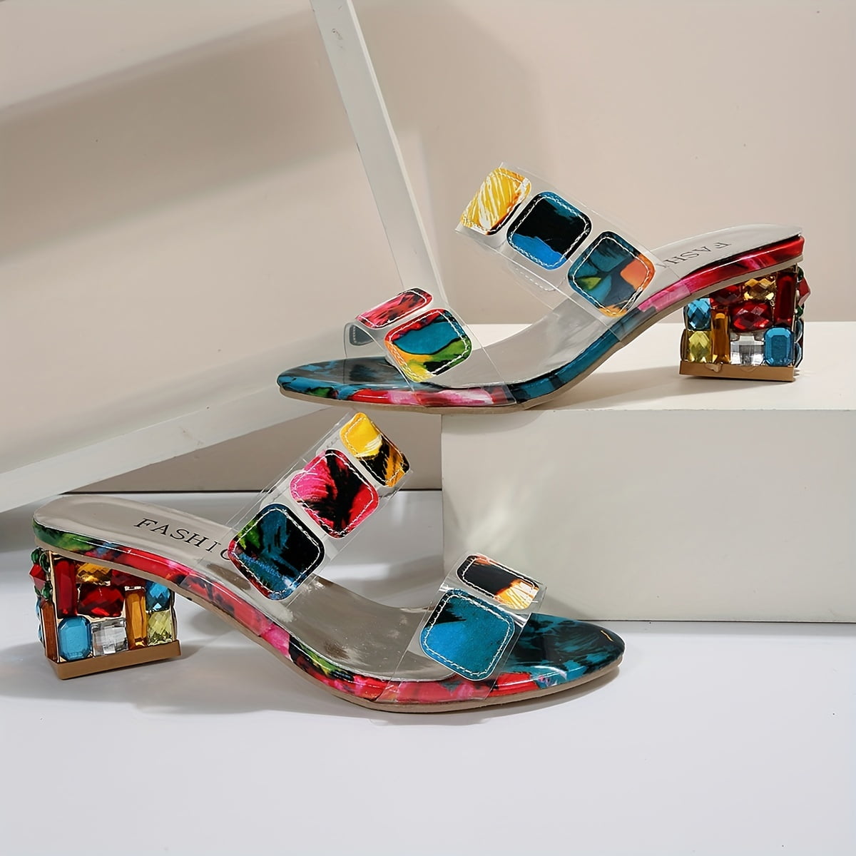 Hattie | Women's Clear Strap Heeled Mules Block Heel Sandals