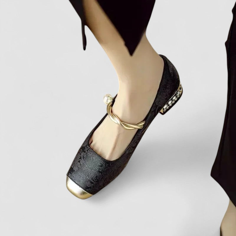 Ivyra | White Block Heel Pumps with Pearl Strap 6