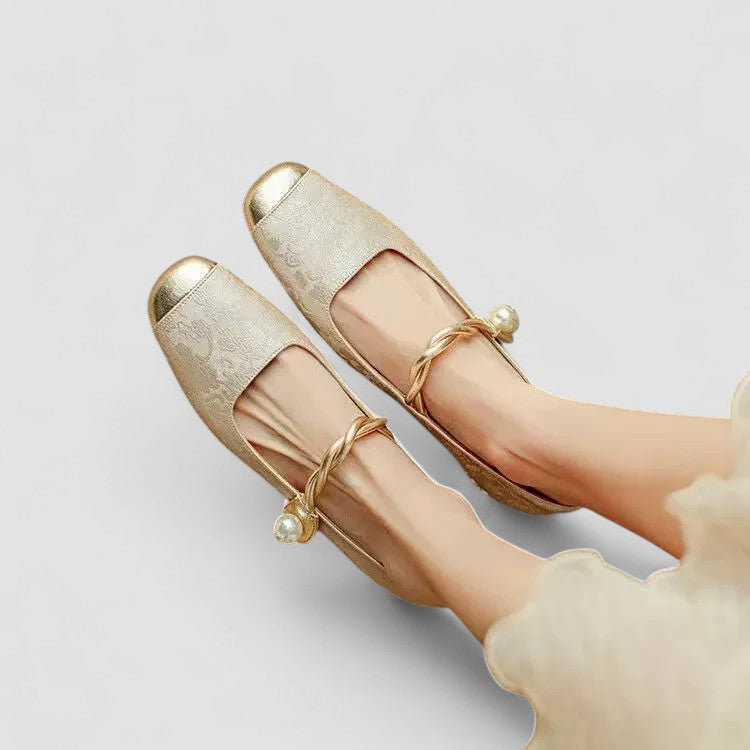 Ivyra | White Block Heel Pumps with Pearl Strap 9