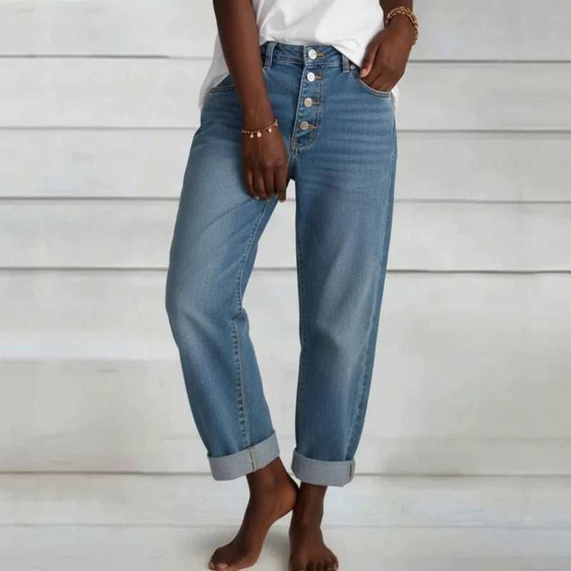 Janet | Women's High Waist Jeans Straight Leg Button Fly Blue 3