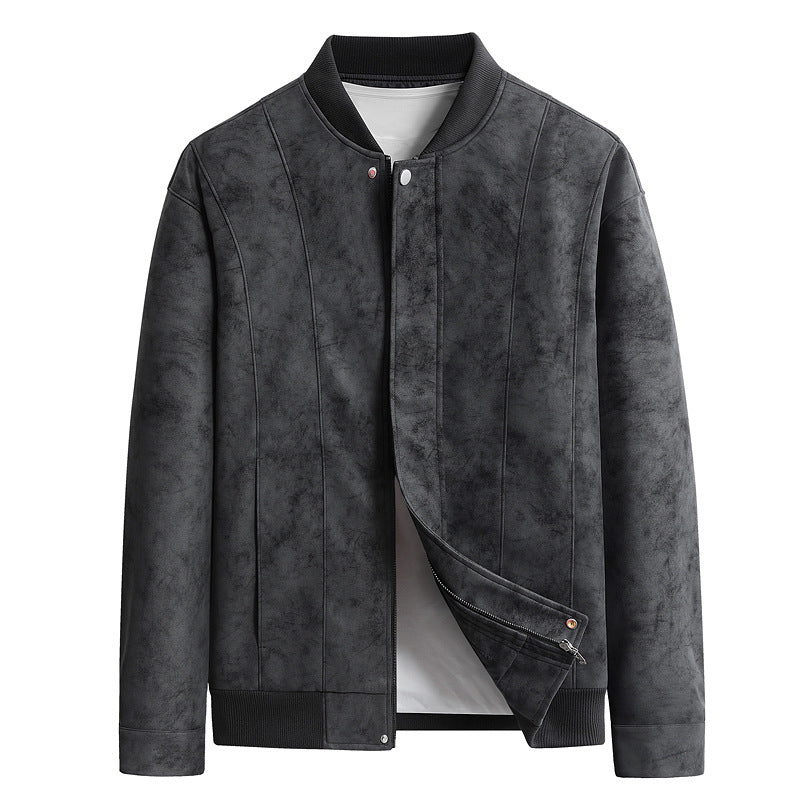 Javar | Men's Faux Suede Leather Bomber Jacket Zip Front Ribbed Trim 3