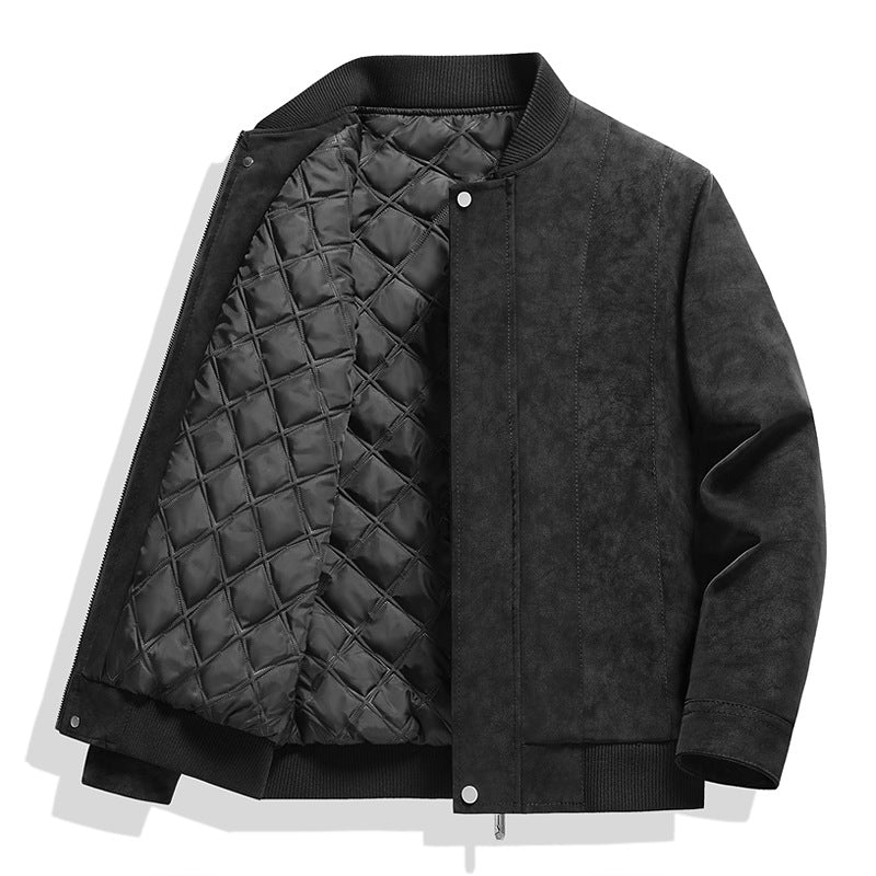 Javar | Men's Faux Suede Leather Bomber Jacket Zip Front Ribbed Trim 4