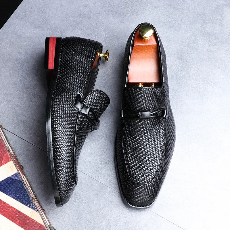 Leonard| Men's Slip-On Loafer Black Woven Leather Saddle Strap 5