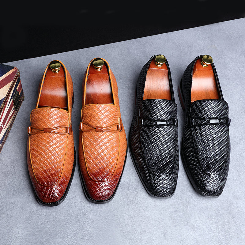 Leonard| Men's Slip-On Loafer Black Woven Leather Saddle Strap 8