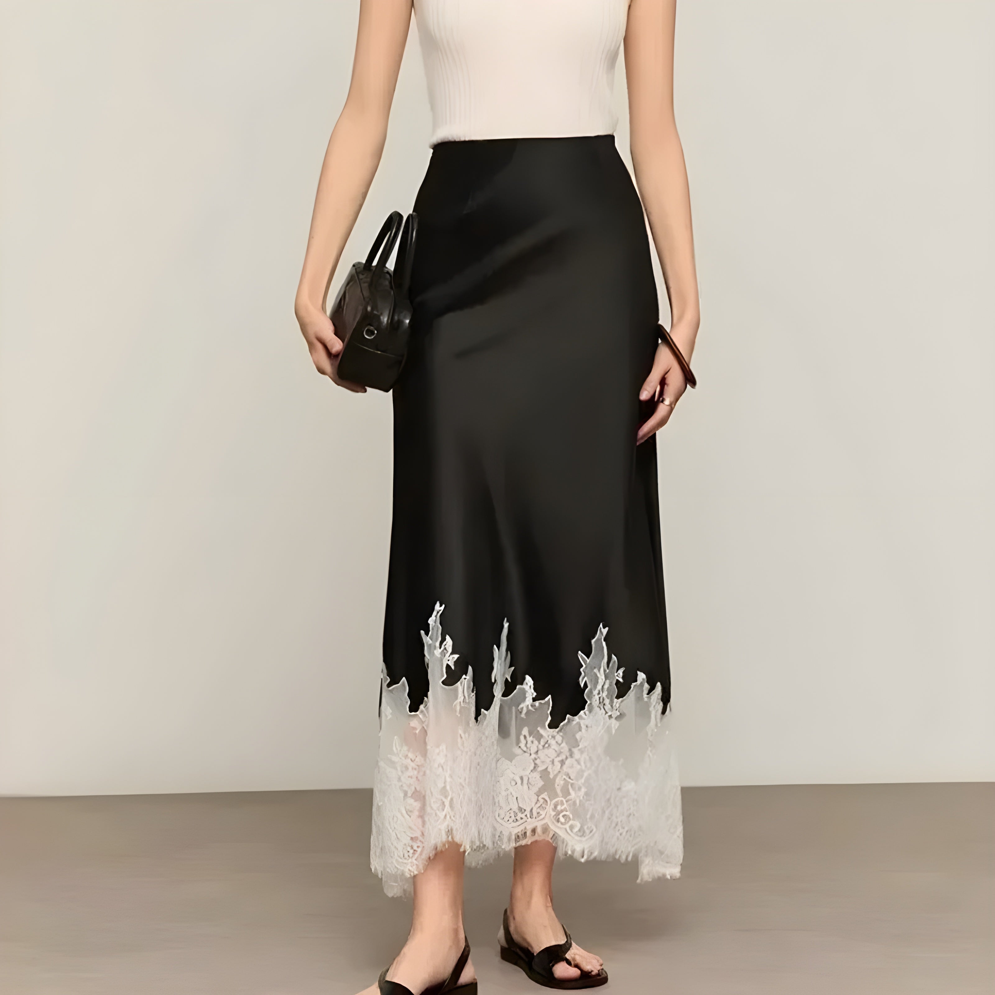 Luna | Lace-Trim Satin A-Line Skirt 0
