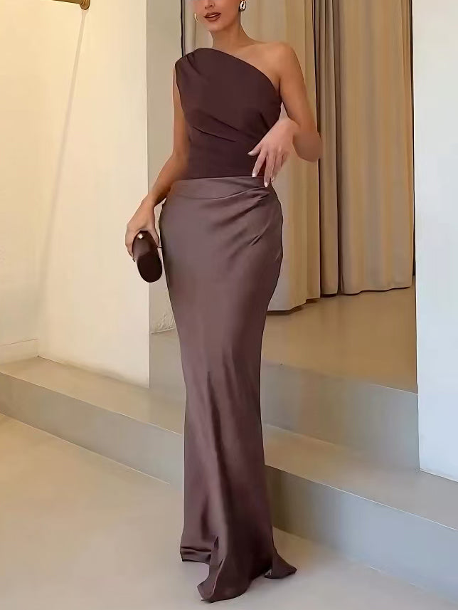 Mariana | Women's One Shoulder Ruched Satin Maxi Dress 1