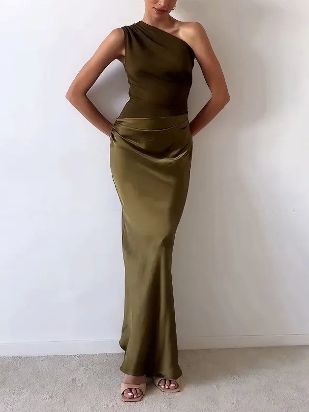 Mariana | Women's One Shoulder Ruched Satin Maxi Dress 3