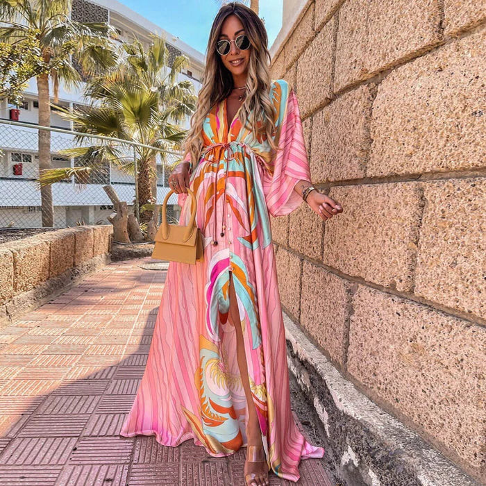 Mia | Women's Maxi Dress V-Neck Printed Drawstring Waist Slit