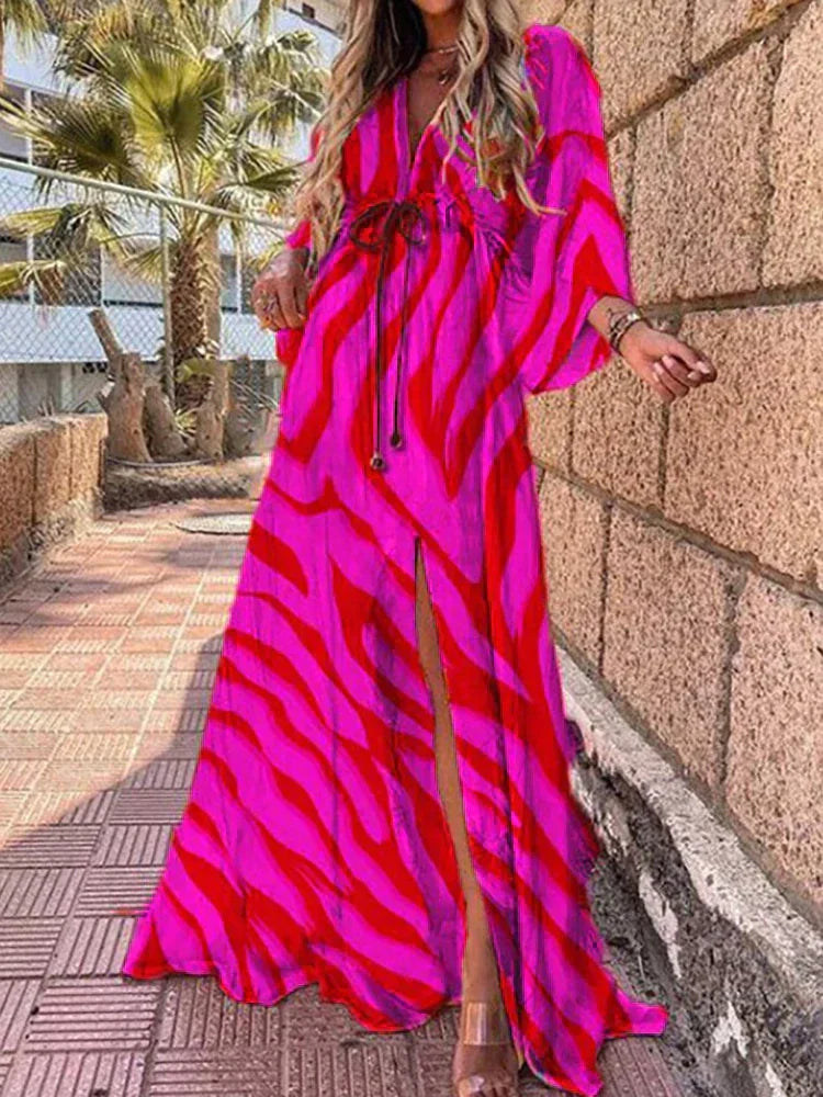 Mia | Women's Maxi Dress V-Neck Printed Drawstring Waist Slit 2
