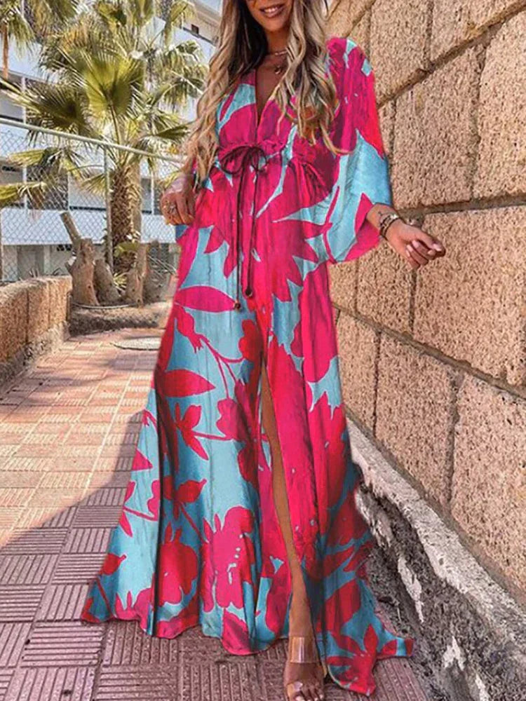 Mia | Women's Maxi Dress V-Neck Printed Drawstring Waist Slit 3