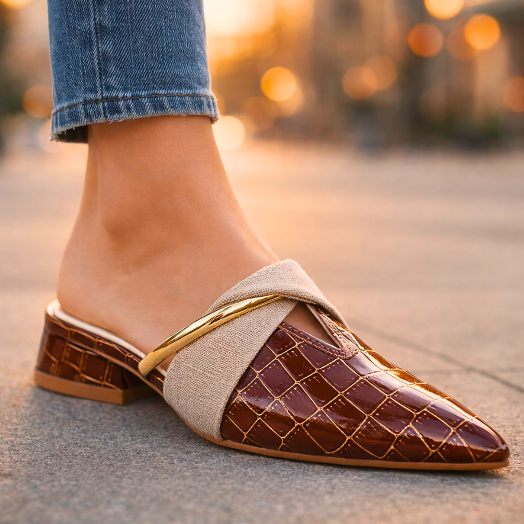 Michelle | Women's Pointed Toe Slip On Sandals Mules Croc Embossed Gold Bar Strap 1
