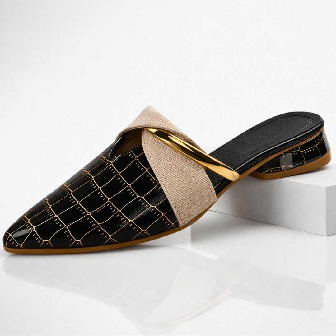 Michelle | Women's Pointed Toe Slip On Sandals Mules Croc Embossed Gold Bar Strap 5