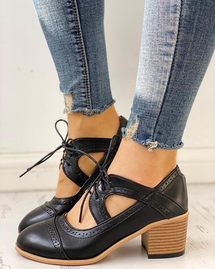 Olivia | Women's T Strap Wingtip Lace Up Block Heel Shoes