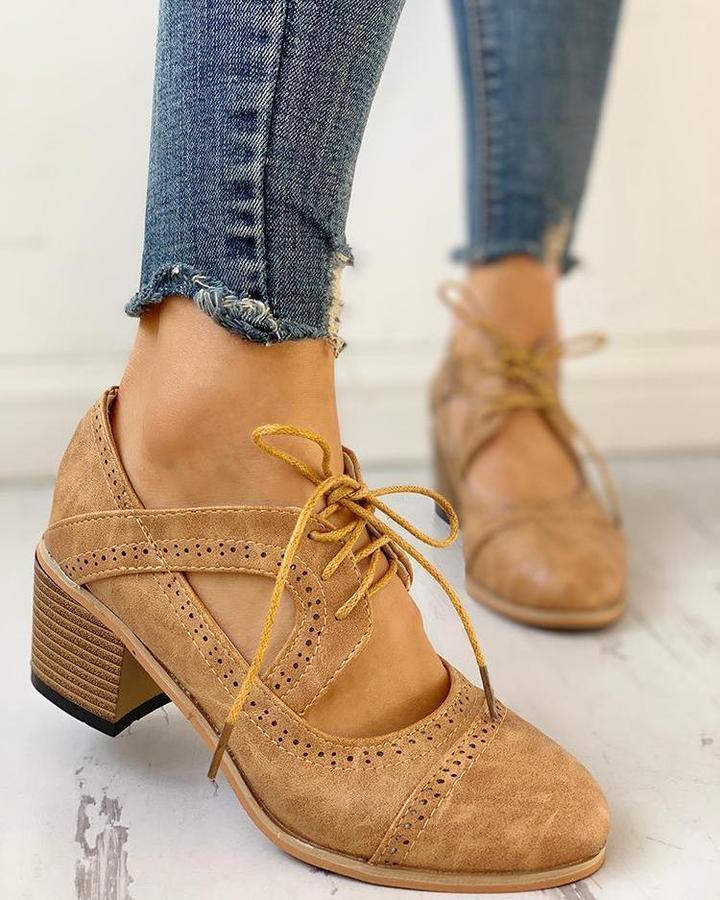 Olivia | Women's T Strap Wingtip Lace Up Block Heel Shoes