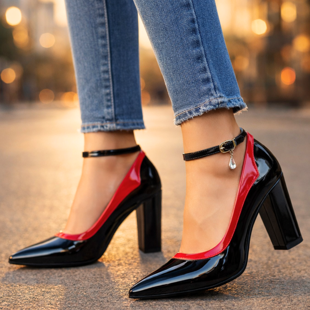 Pamela | Women's Summer Ankle Strap Block Heel Pumps Patent Two-Tone 3