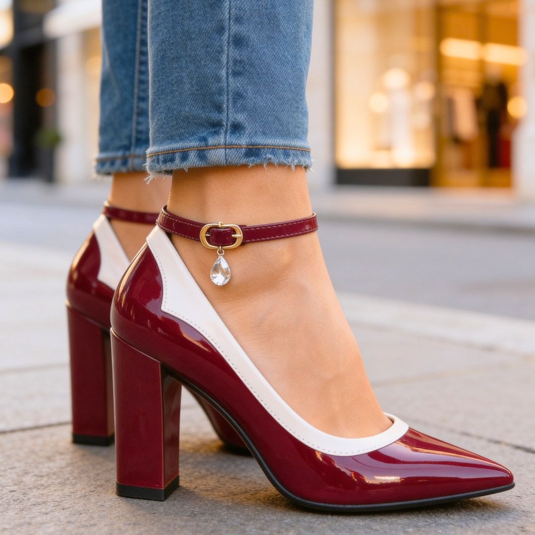 Pamela | Women's Summer Ankle Strap Block Heel Pumps Patent Two-Tone 5