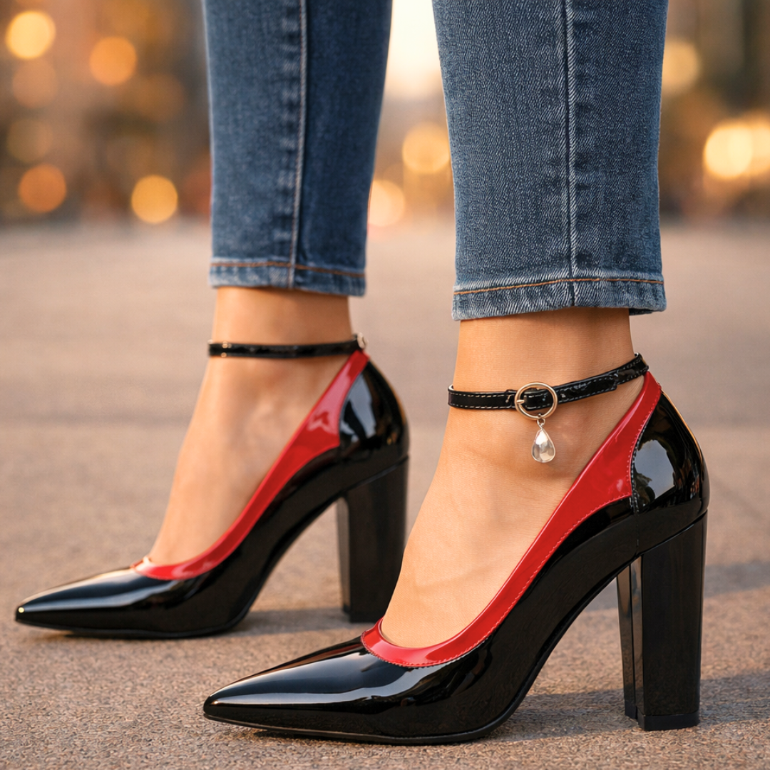 Pamela | Women's Summer Ankle Strap Block Heel Pumps Patent Two-Tone 6