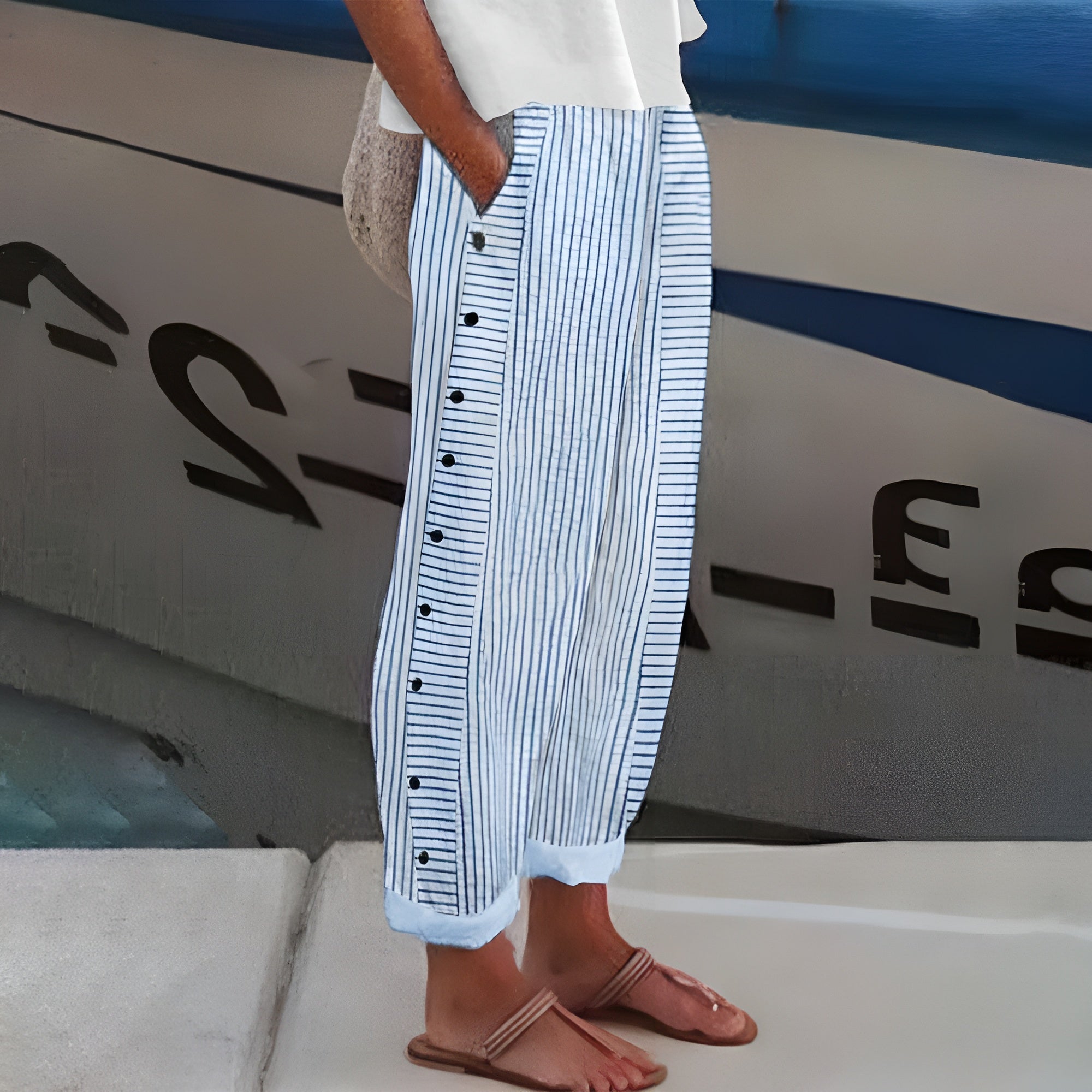 Patricia | Women's Striped Relaxed Fit Wide Leg Button Side Pants