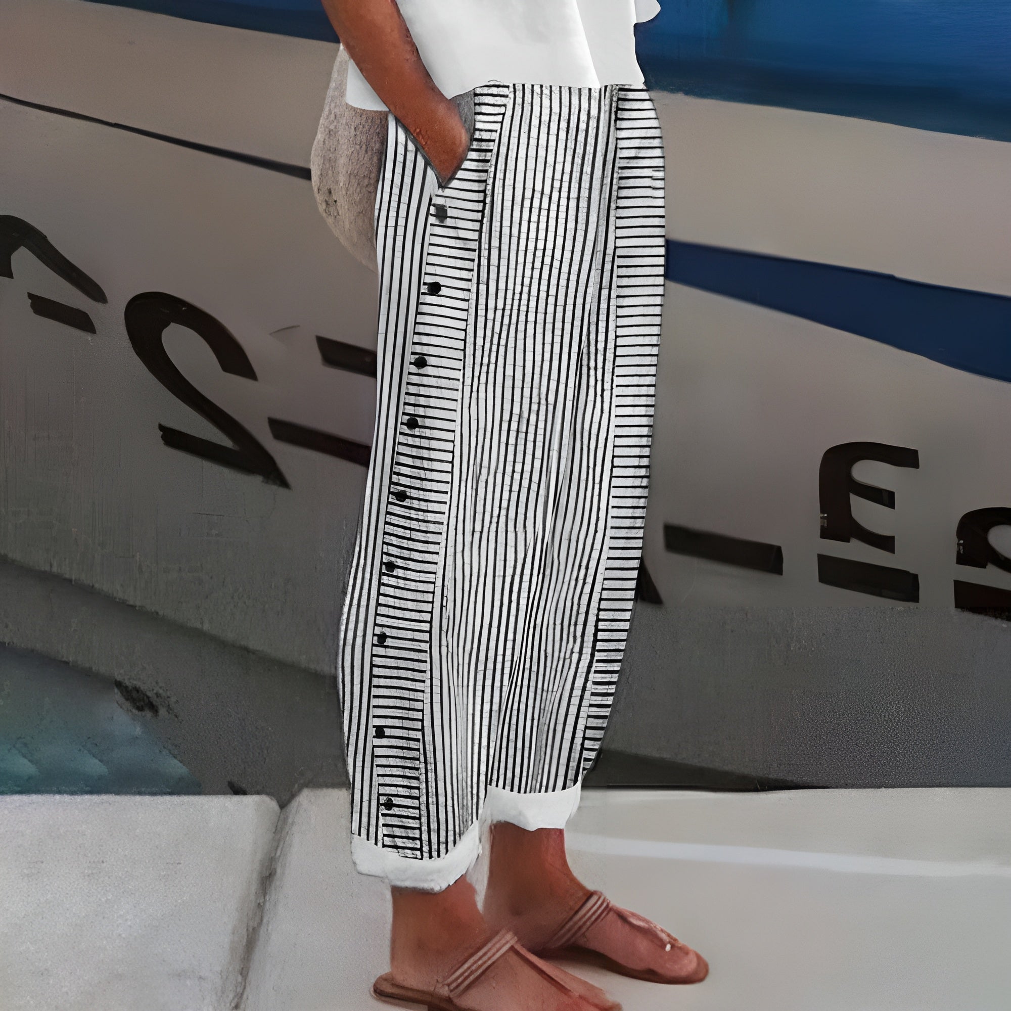 Patricia | Women's Striped Relaxed Fit Wide Leg Button Side Pants 1