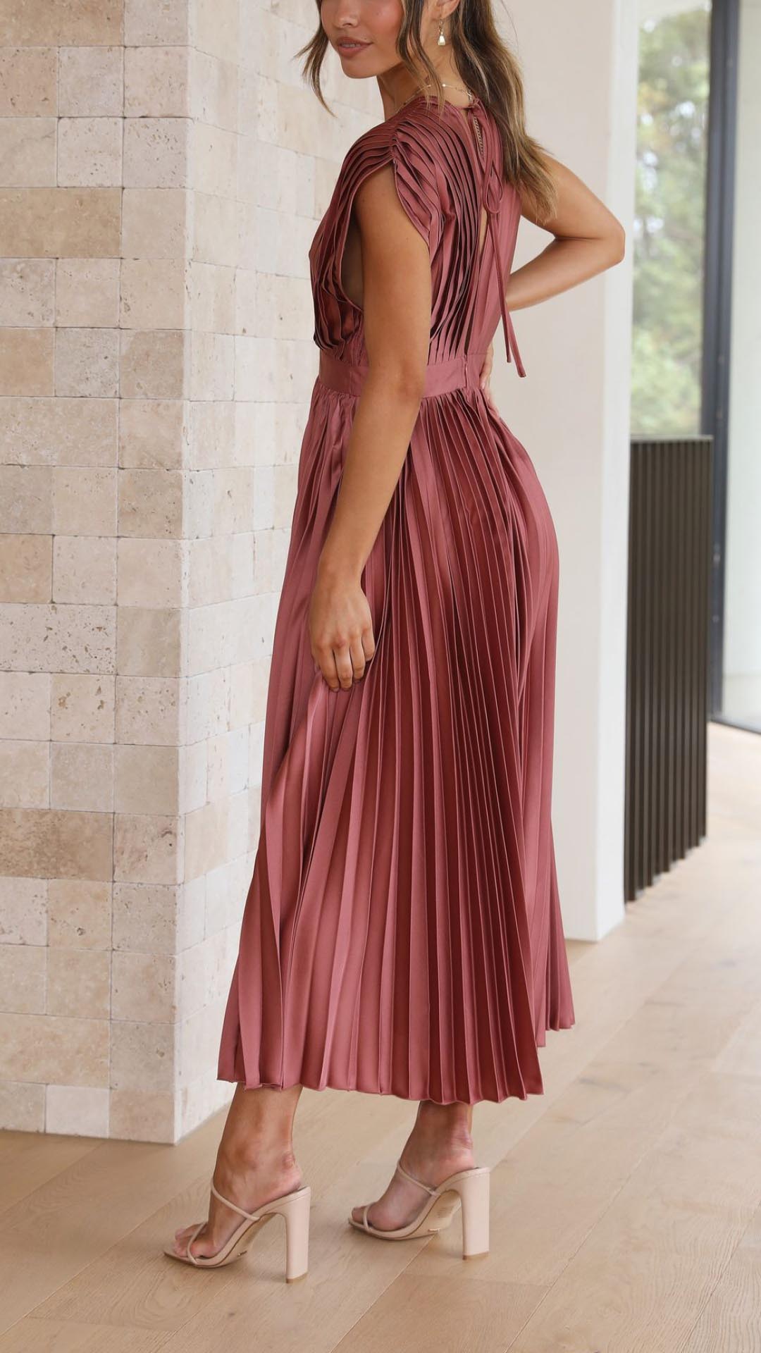 Penelope | Women's Pleated V-Neck Cap Sleeve Maxi Dress 2