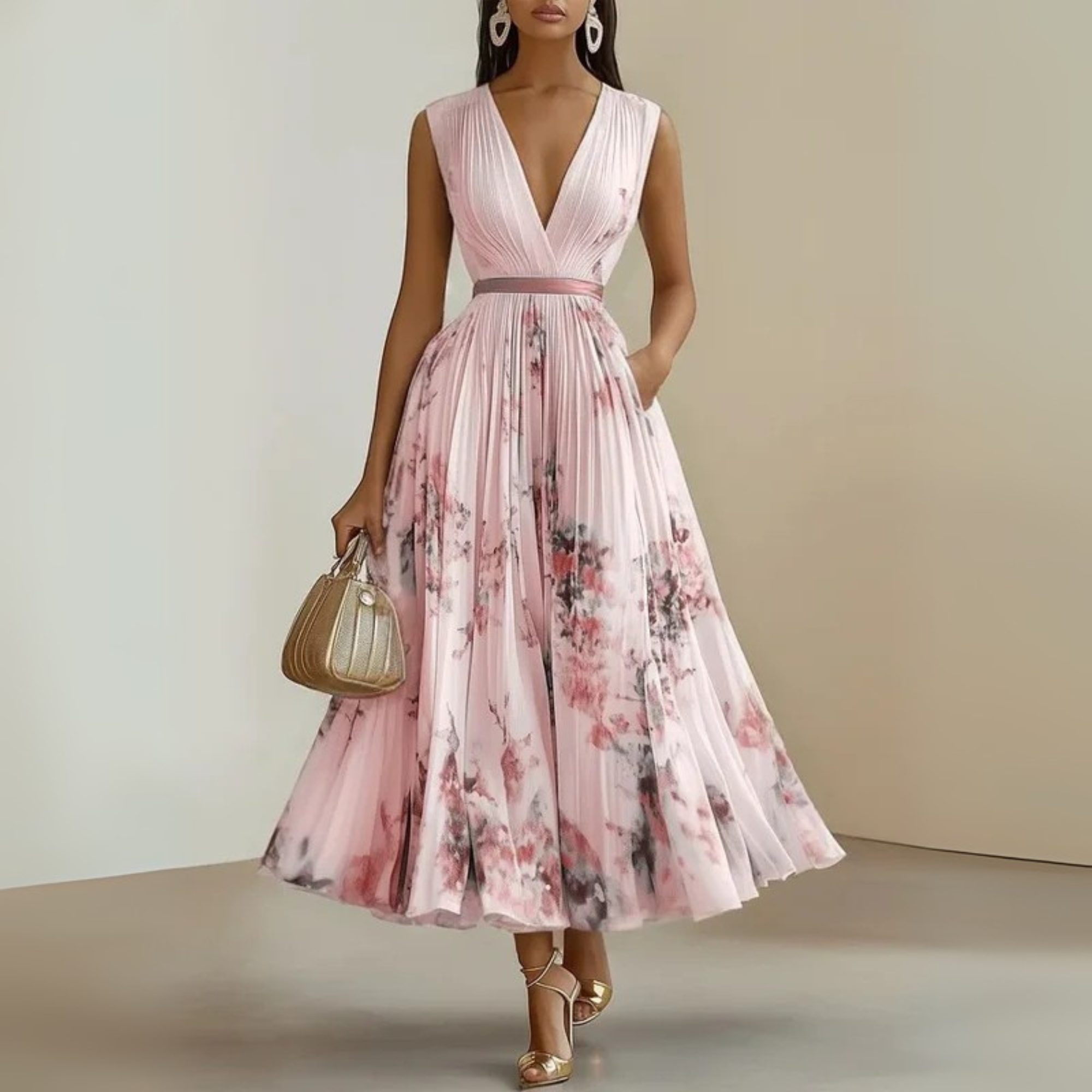 Priscilla | Women's Pleated Floral V-Neck Sleeveless Midi Dress 2