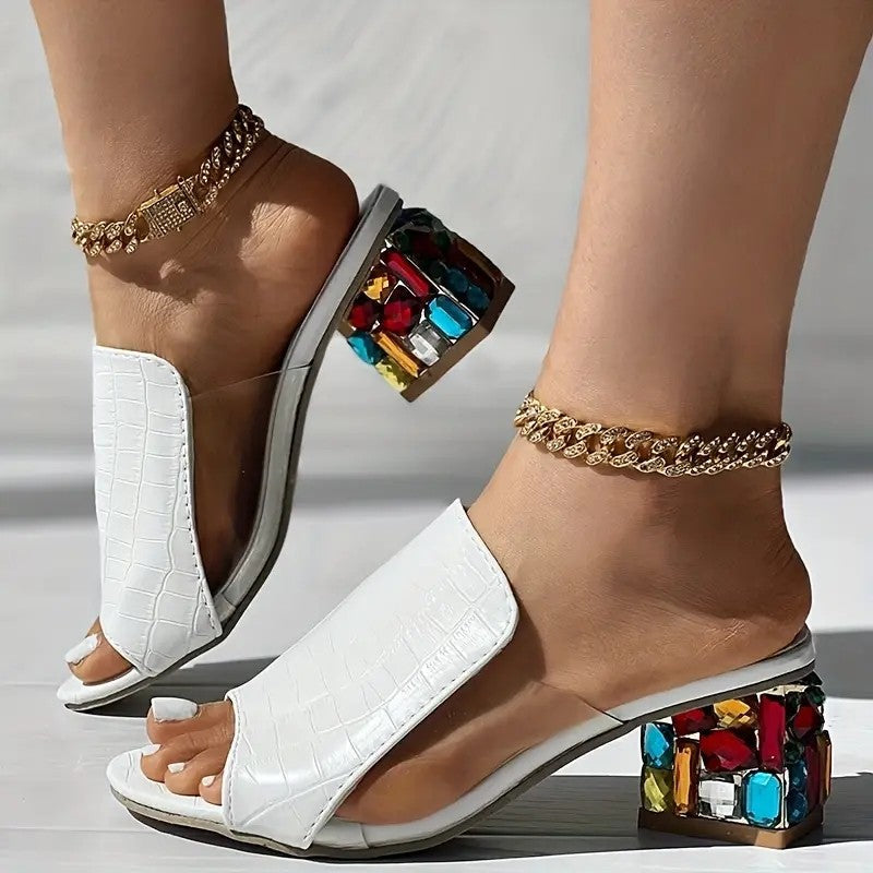 Sara | Women's Slide Sandals Croc Embossed Jewelled Heel