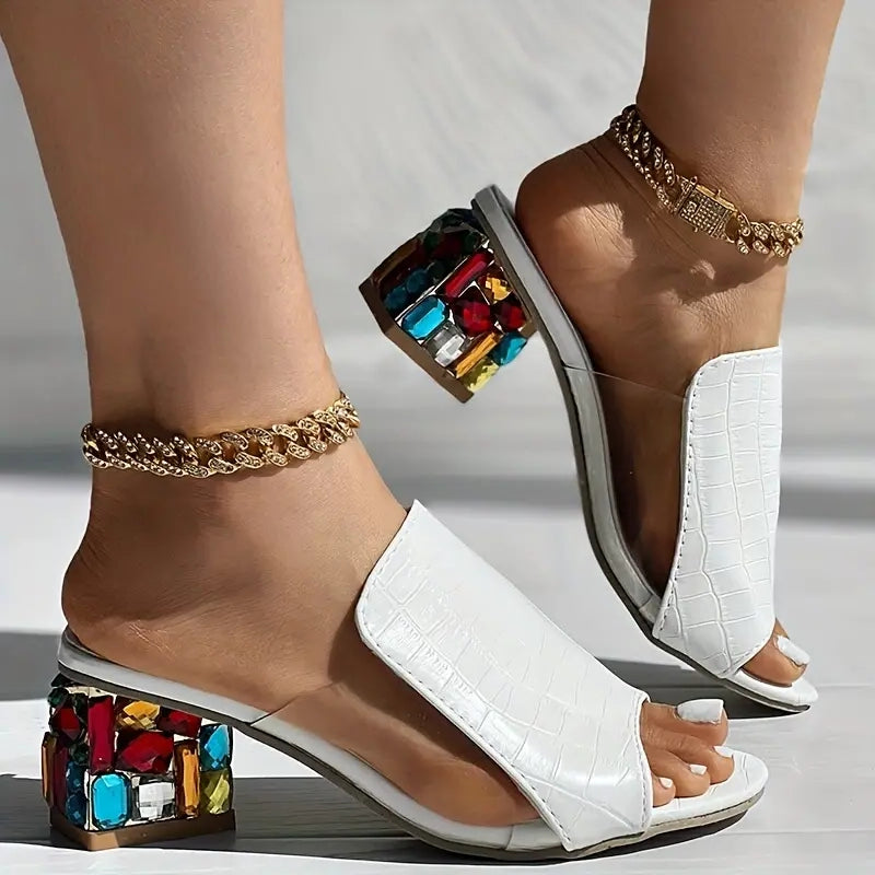 Sara | Women's Slide Sandals Croc Embossed Jewelled Heel 8