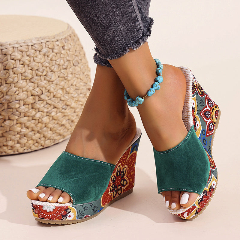 Sasha | Women's Slip-On Wedge Sandals Open Toe Floral Print
