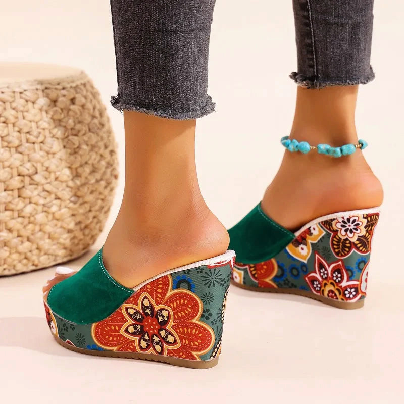 Sasha | Women's Slip-On Wedge Sandals Open Toe Floral Print 7