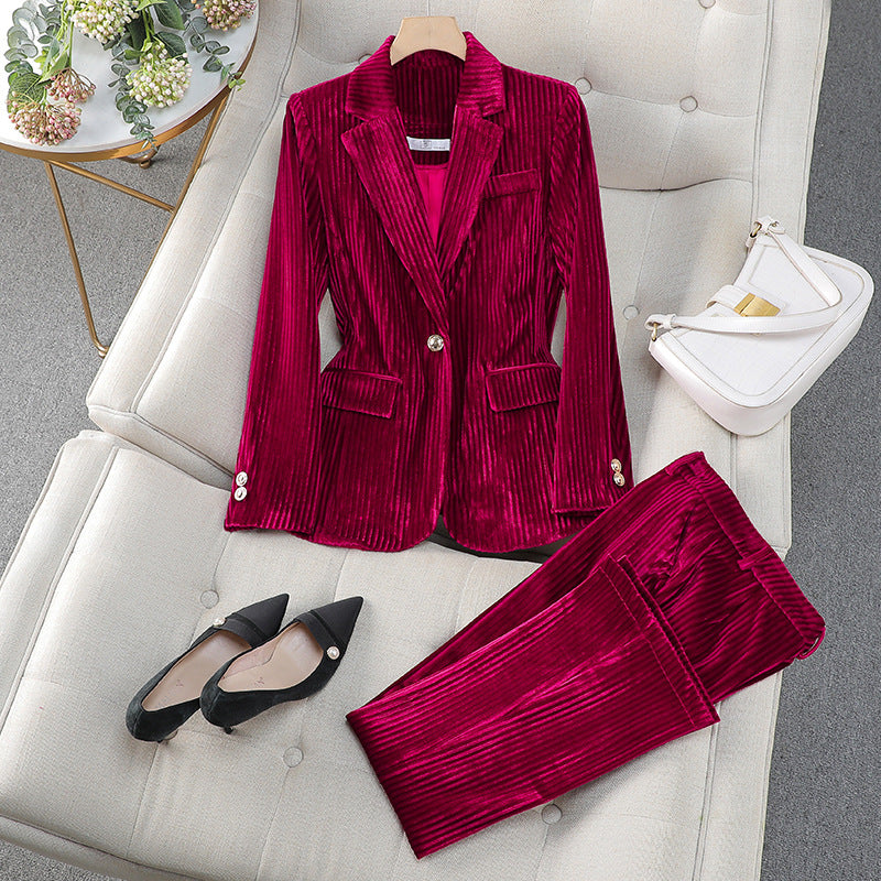 Simone | Women's Velvet Striped Single Button Suit Set