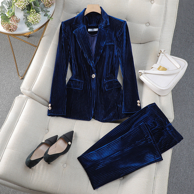 Simone | Women's Velvet Striped Single Button Suit Set 1