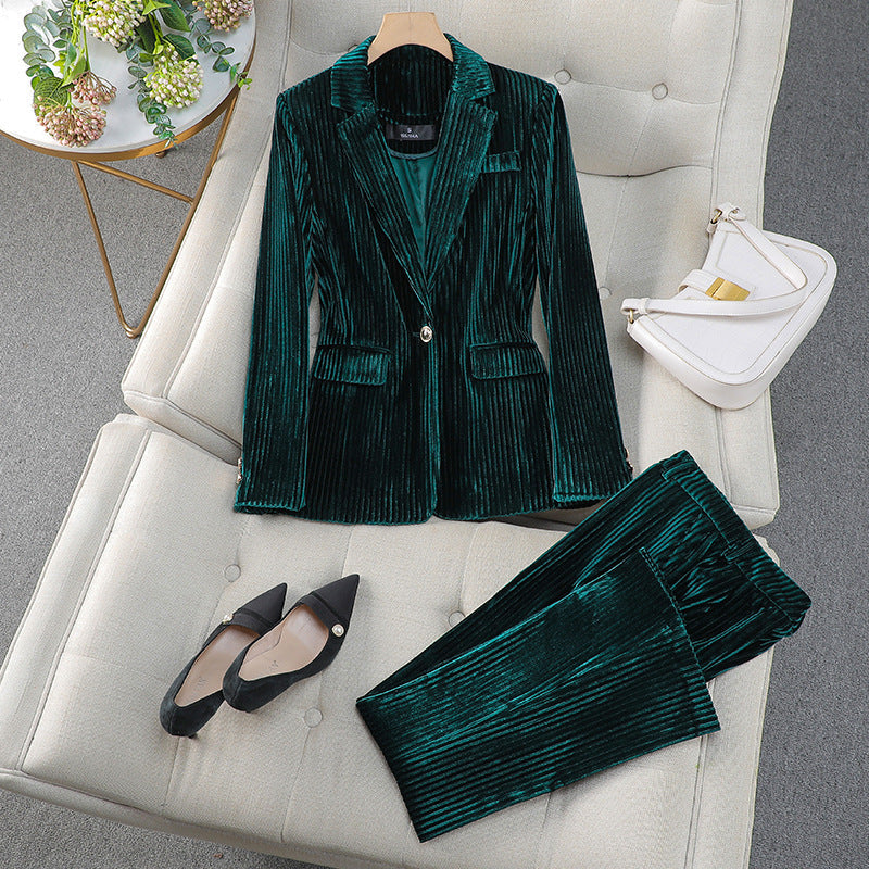 Simone | Women's Velvet Striped Single Button Suit Set 2