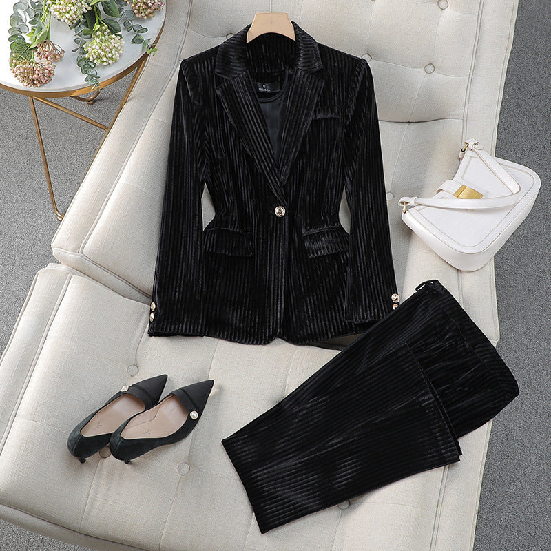 Simone | Women's Velvet Striped Single Button Suit Set 3