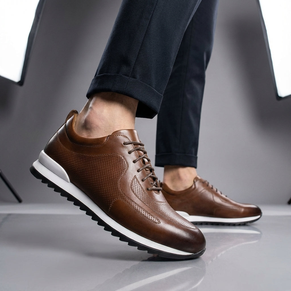 Snevo | Men's Lace-Up Leather Sneakers Perforated Runner 5