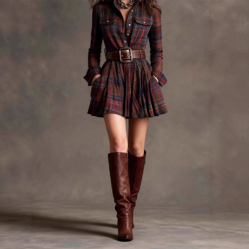 Sofina | Plaid Mini Shirt Dress Long Sleeves 0