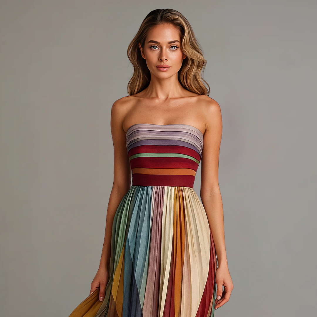 Stella | Women's Strapless Striped Pleated Maxi Dress 1