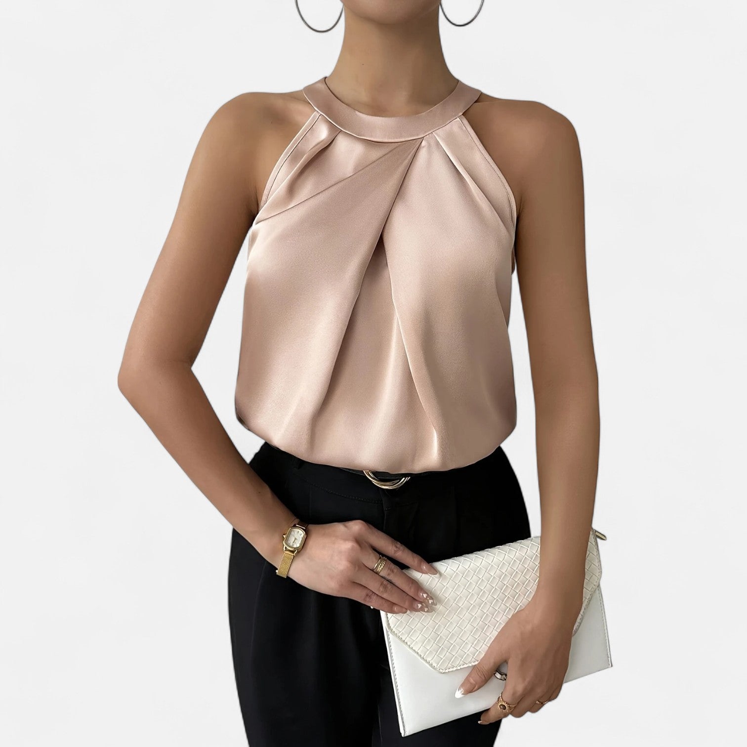 Tara | Women's Satin Halter Top Pleated Drape Front Beige