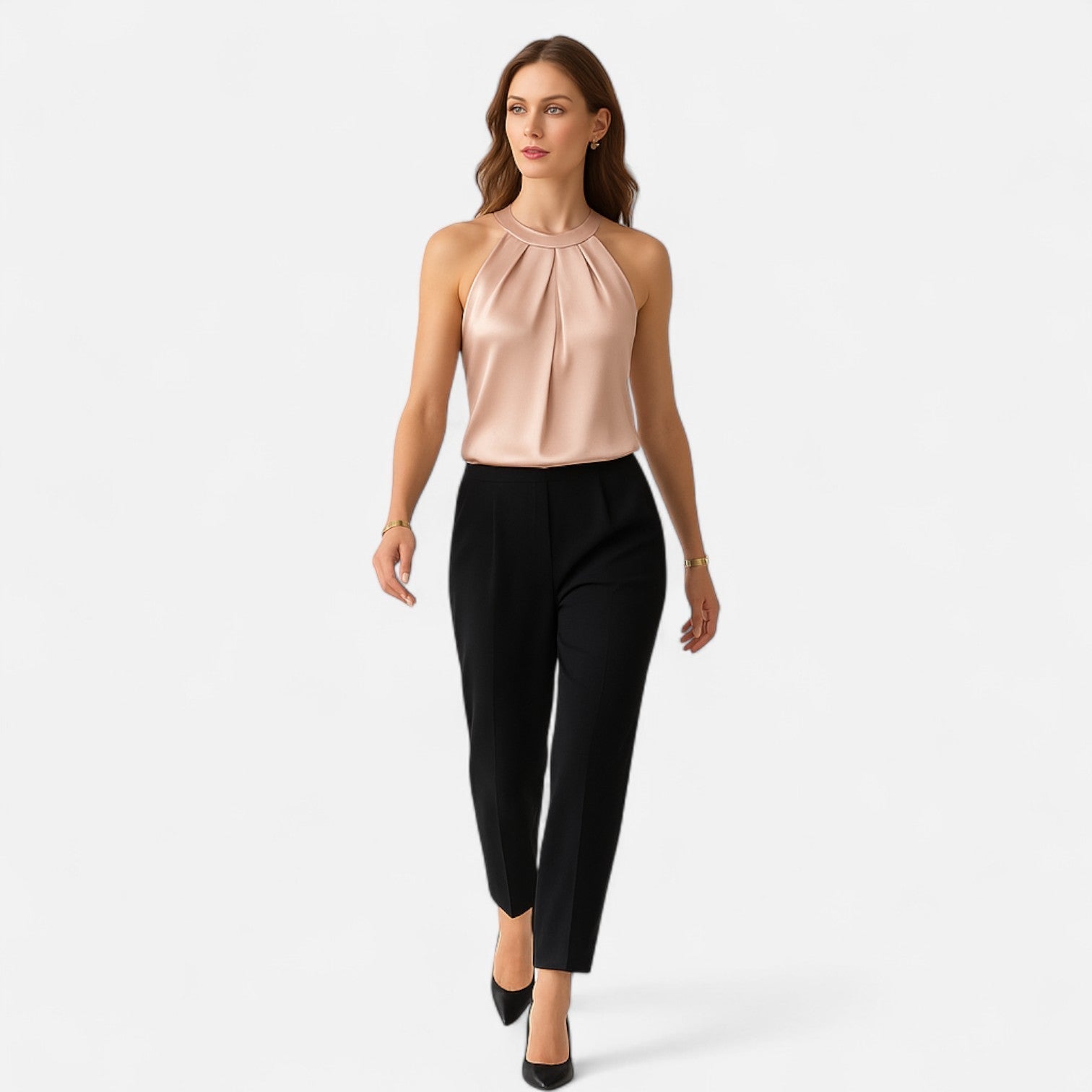 Tara | Women's Satin Halter Top Pleated Drape Front Beige 1