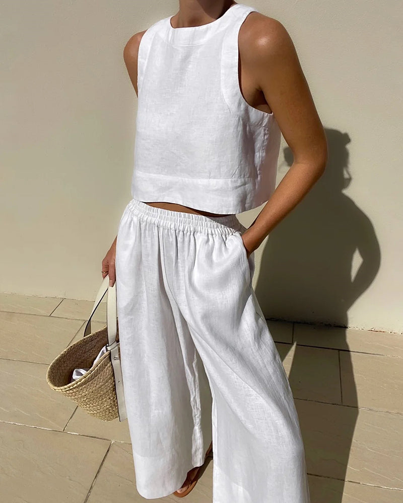 Tara | Women's Sleeveless Crop Top Wide Leg Two-Piece Set
