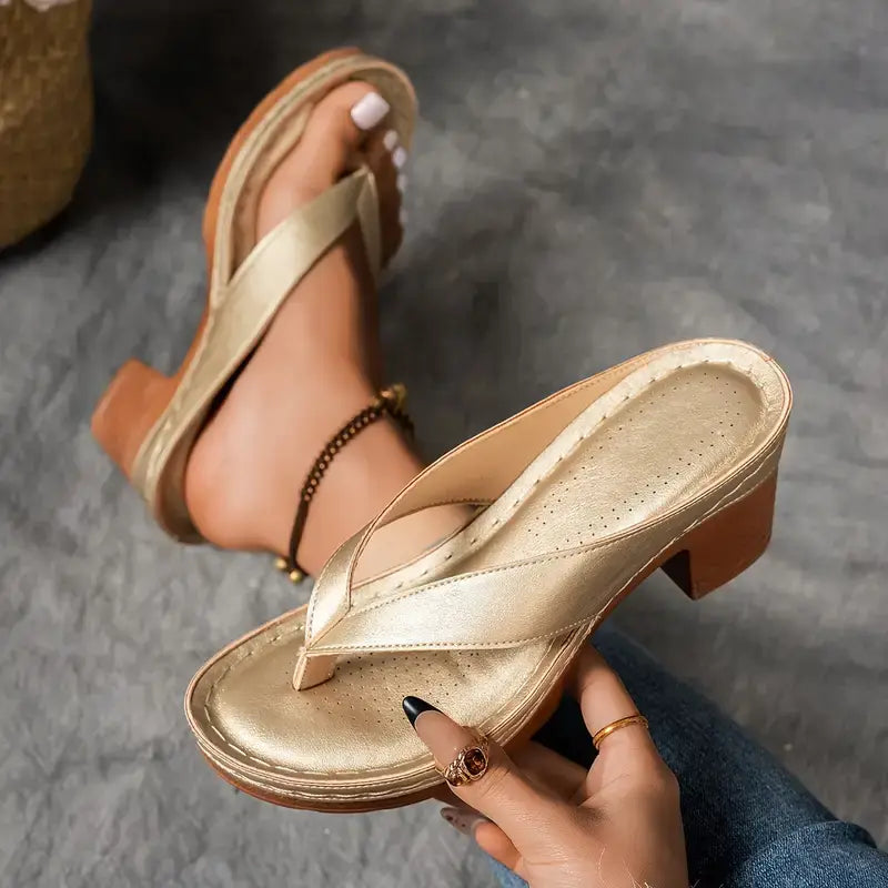 Tessa | Women's T-Strap Block Heel Slip On Sandals