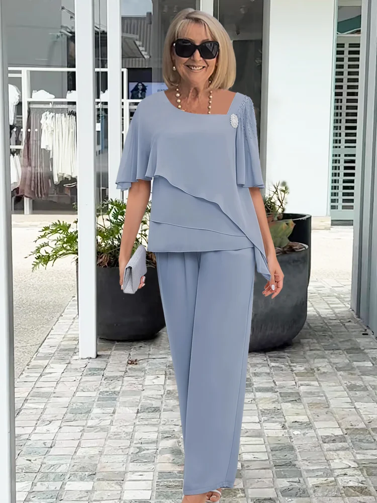 Tilda | Women's Layered Chiffon Top Wide Leg Two-Piece Set