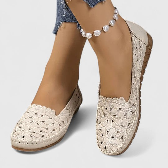 Women's perforated slip on flats in beige with flat sole for stable walking comfort
