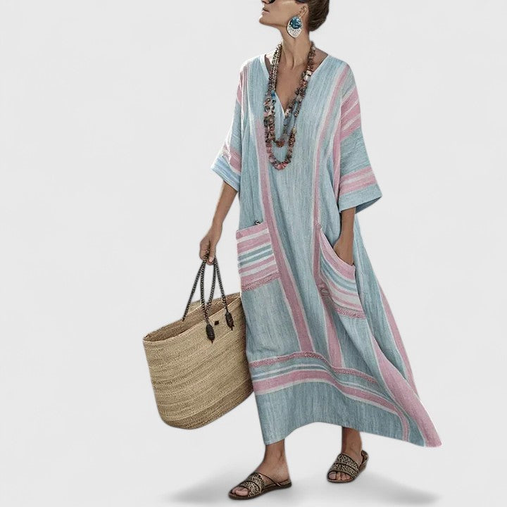 Styled look featuring Elegant Boho Dress with woven accessories for vacation outfit inspiration