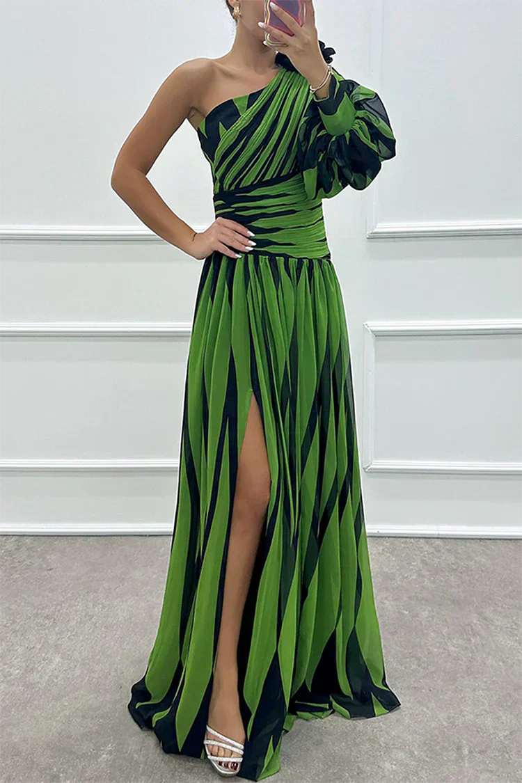 Close-up of fitted waist detail on one shoulder striped maxi dress for formal occasions