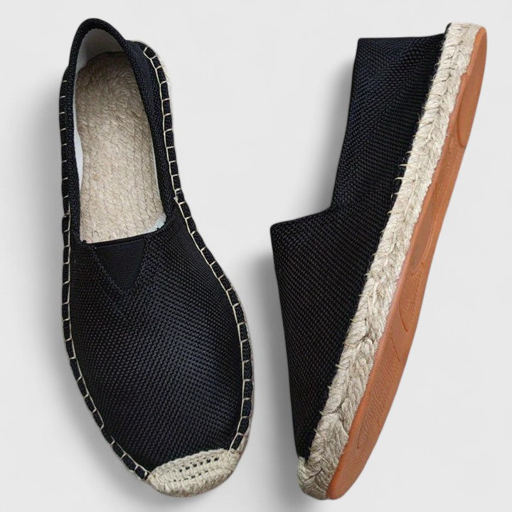 Top angle of women's canvas espadrilles with textured weave and supportive insole