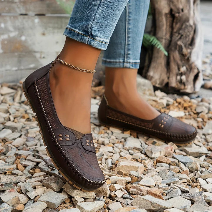 Women's orthopedic slip on loafers in brown with textured sole for stable footing on various surfaces