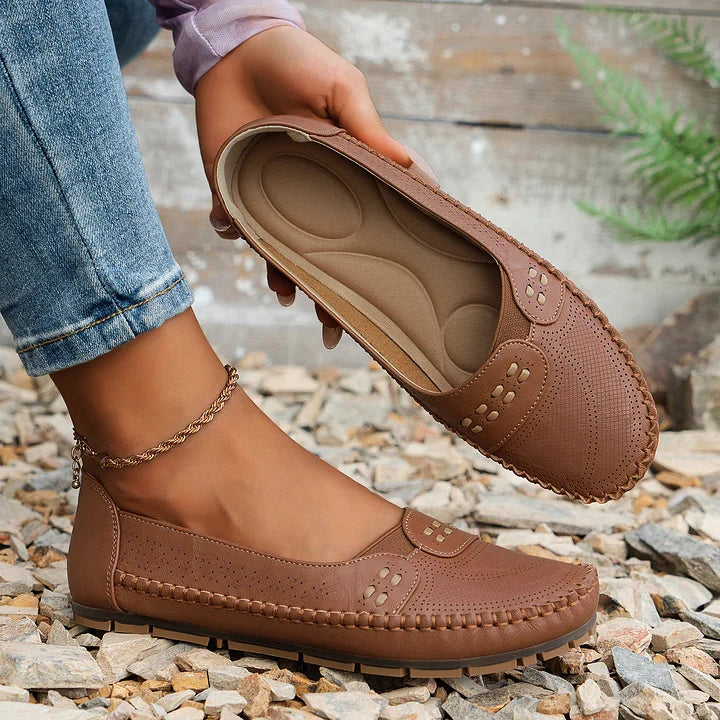 Women's orthopedic slip on loafers in light pink shown from multiple angles, emphasizing slip-on convenience