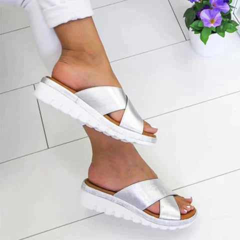 Close-up view of cross-strap design on Women Summer Orthopedic Style Sandals with metallic finish