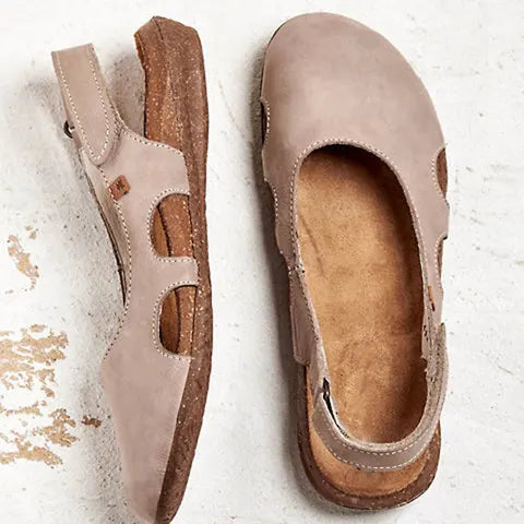 Top view of women's slingback orthopedic sandals highlighting closed-toe silhouette and contoured footbed shape for natural alignment