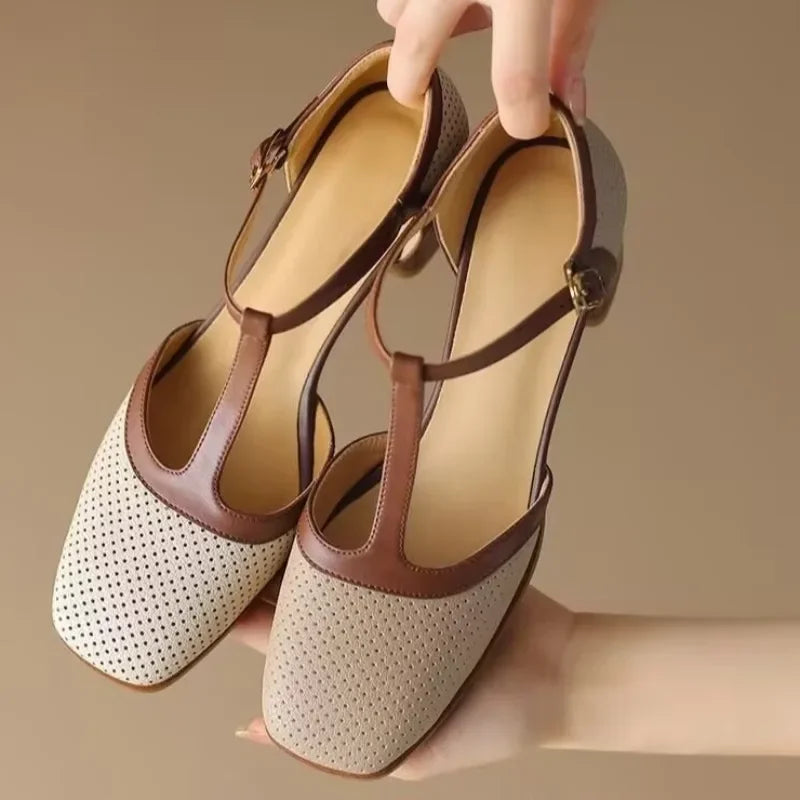 Close-up view of Women's T-Strap Block Heel Shoes showing square toe design and buckle closure detail